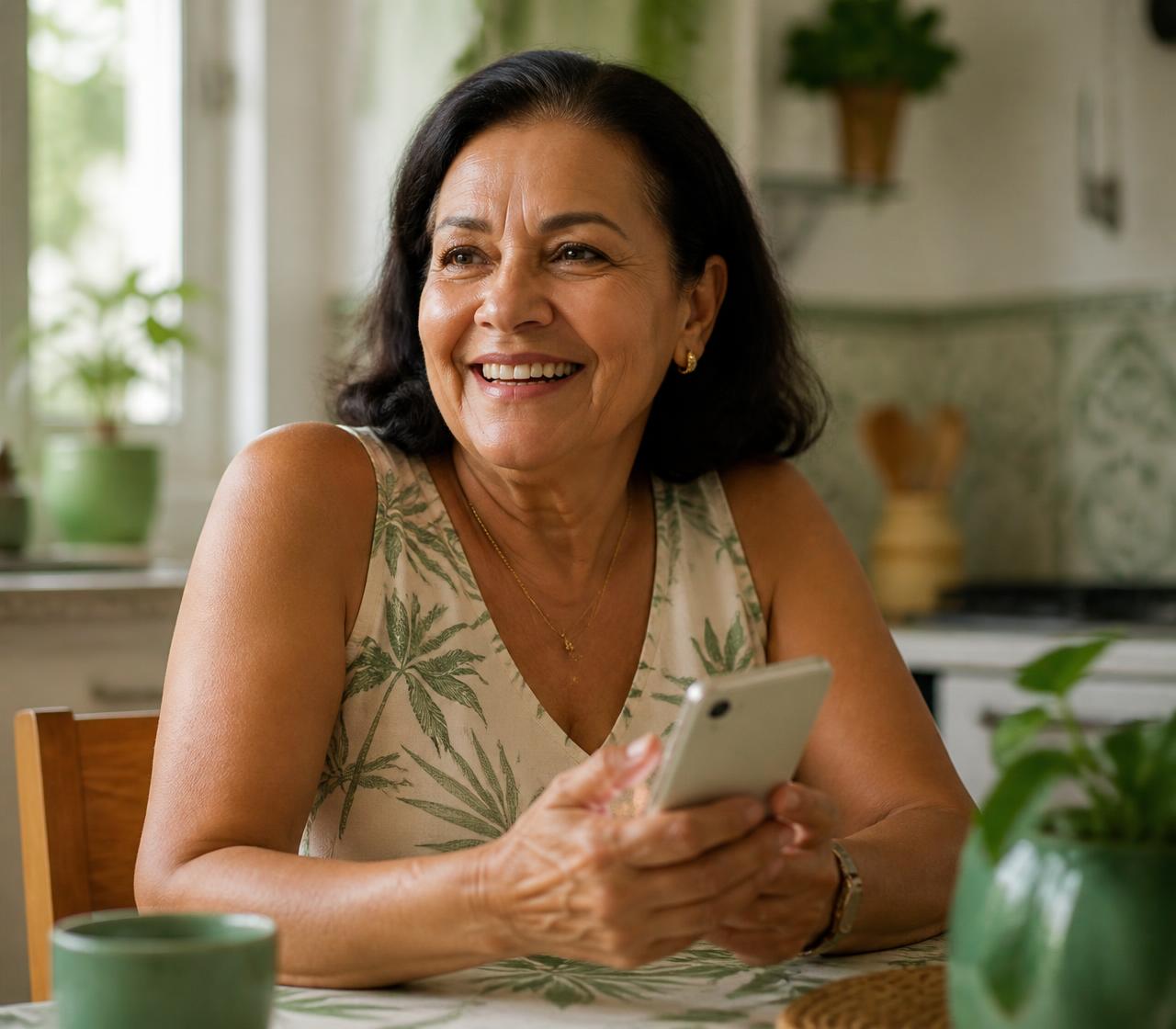 Senhora sorrindo enquanto conversa pelo celular na cozinha de casa
